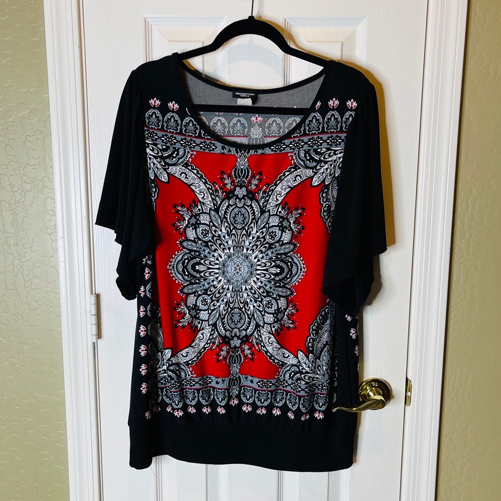 Perseption Black and Red Graphic Blouse
